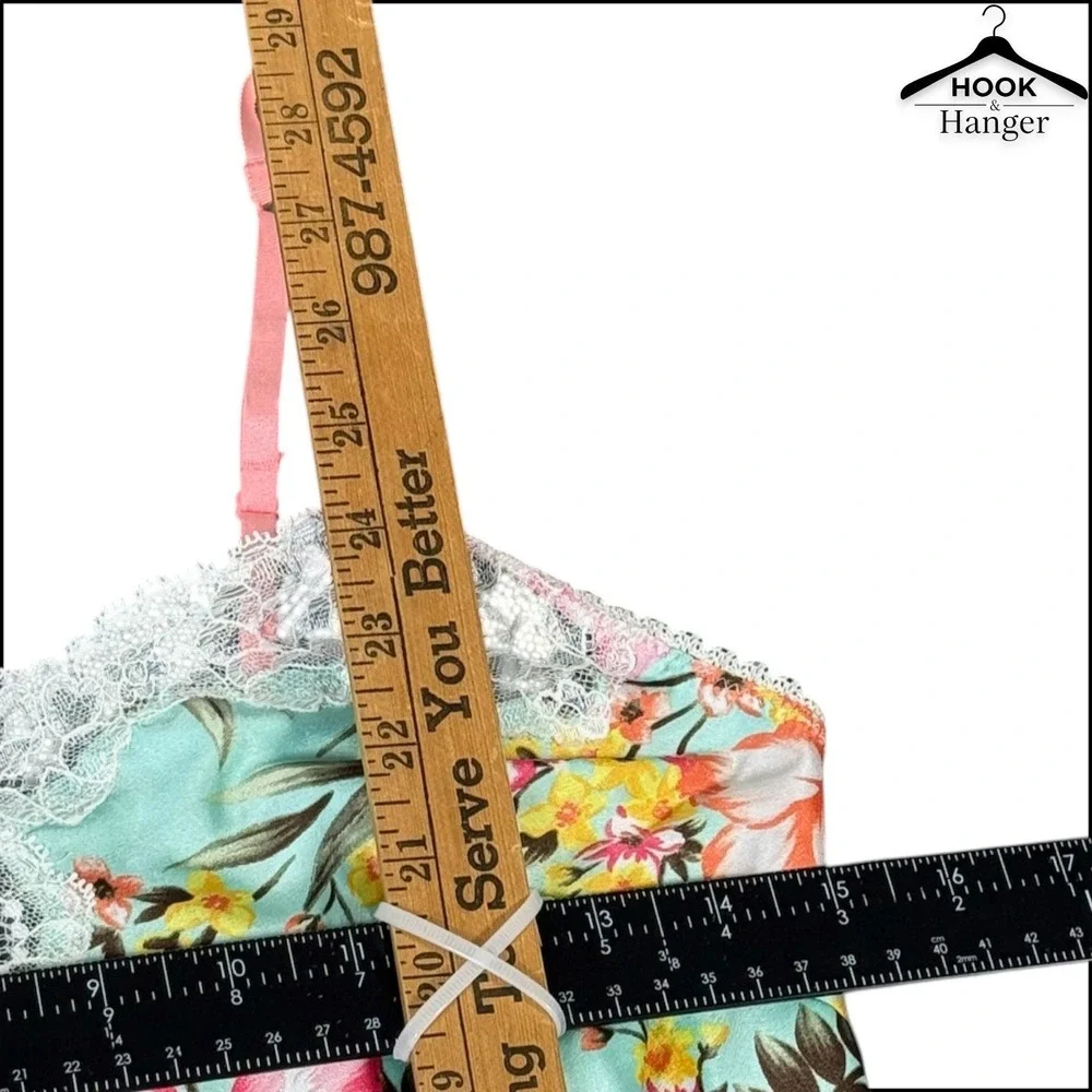 Victoria's Secret Y2K Satin Tropical Chemise Nightie S Blue Pink Hibiscus Lace - Picture 10 of 10